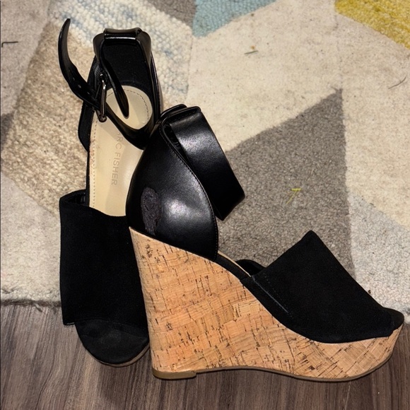 Women's 6 New Marc Fisher black suede cork wedge heels (flaw) sexy ankle strap - Picture 1 of 7